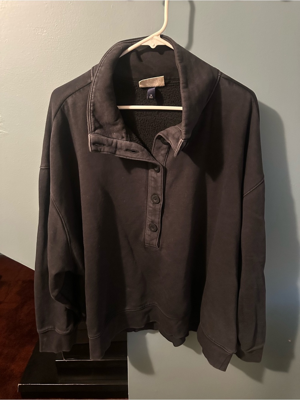 Women's Washed Black Pullover Button-Front Sweater